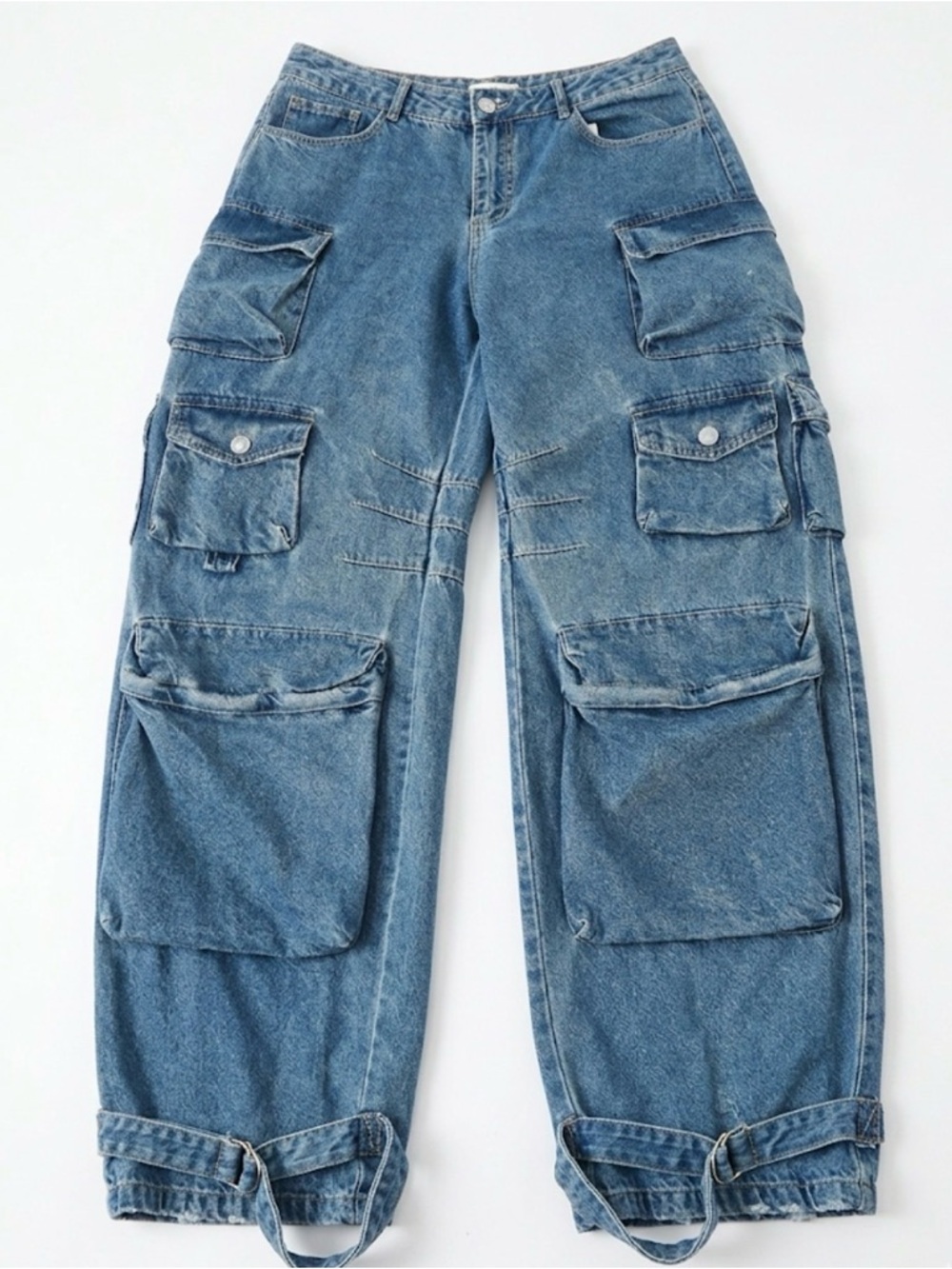 Wide-Leg Denim Cargo Pants in Light Blue